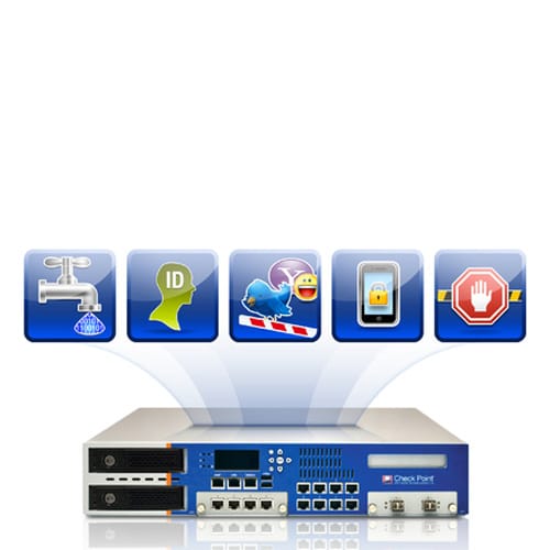 A network security appliance with icons above it: a faucet, an ID silhouette, a bird with tape, a mobile device with a lock, and a stop hand. The appliance is blue with multiple ports and Check Point branding.