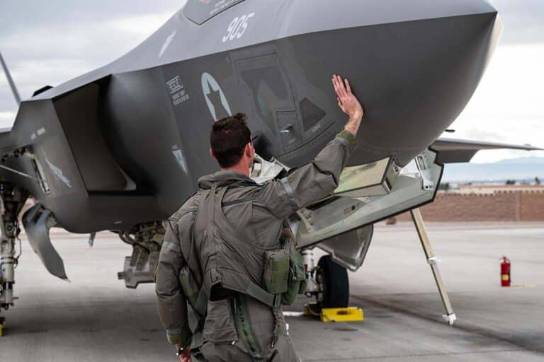 An Israeli Air Force pilot prepares an F-35I Adir for takeoff prior to a Red Flag-Nellis 23-2 mission at Nellis Air Force Base, Nevada, March 15, 2023. (Photo by Airman 1st Class Trevor Bell/Wikimedia Commons)