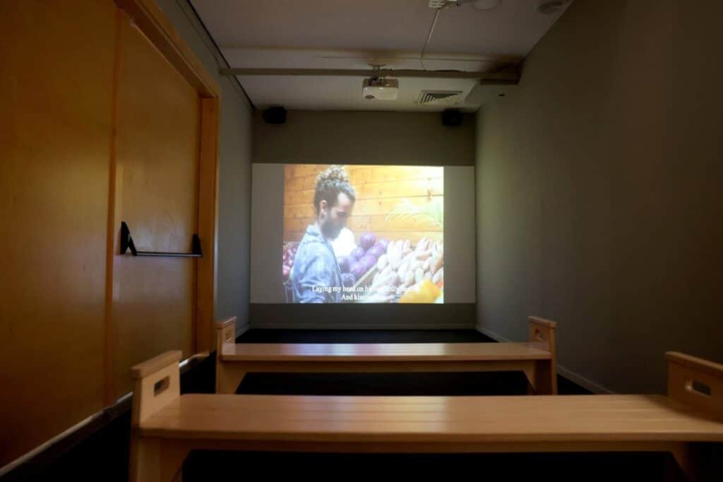A video installation dedicated to October 7 attacks at the ANU Museum in Tel Aviv. Photo by Itzik Biran