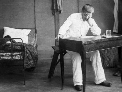 Alfred Dreyfus in his room on Devil's Island in 1898,