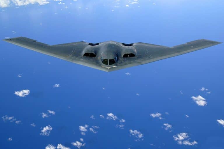 A Northrop Grumman B-2 Spirit soars after a refueling mission over the Pacific Ocean on Tuesday, May 30, 2006.