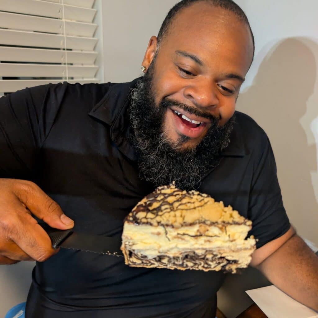 Chris Caresnone tries babka cheesecake (courtesy)