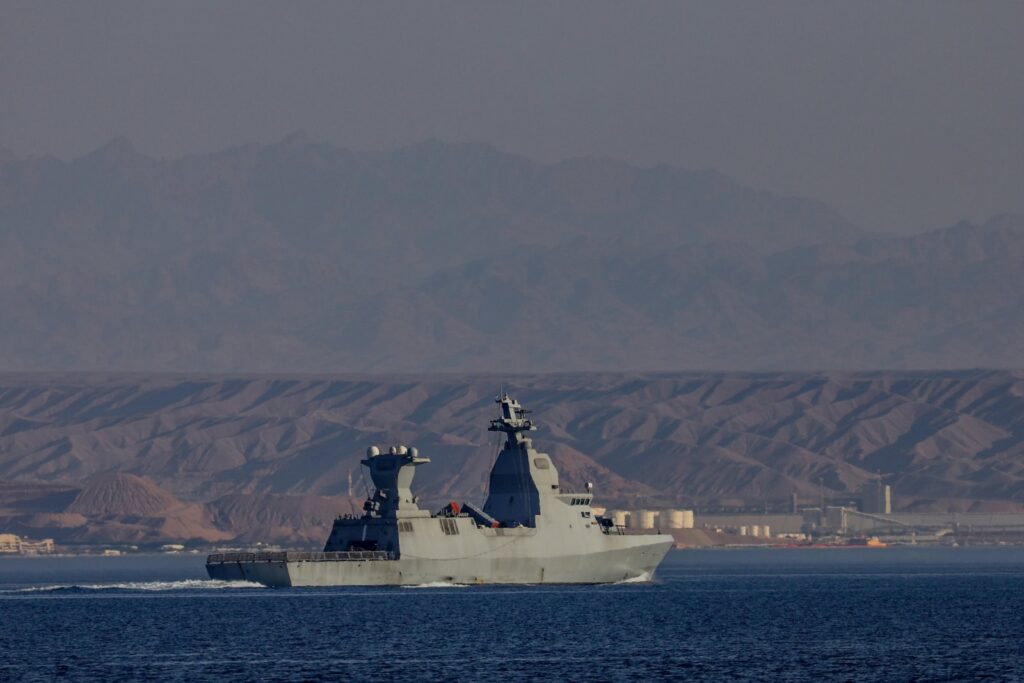 An Israeli Sa’ar 6-class corvette warship with an Iron Dome missile battery patrol off the shore of the southern Israeli city of Eilat, April 17, 2024. Photo by Jamal Awad/Flash90