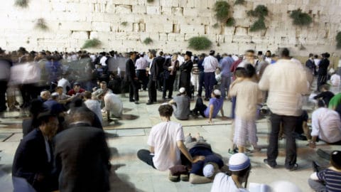 Religious Jews read from Eicha, the Book of Lamentations as they observe Tisha B’Av on August 8, 2011 at the Western Wall in Jerusalem. (Photo by Uriel Sinai/Getty Images)