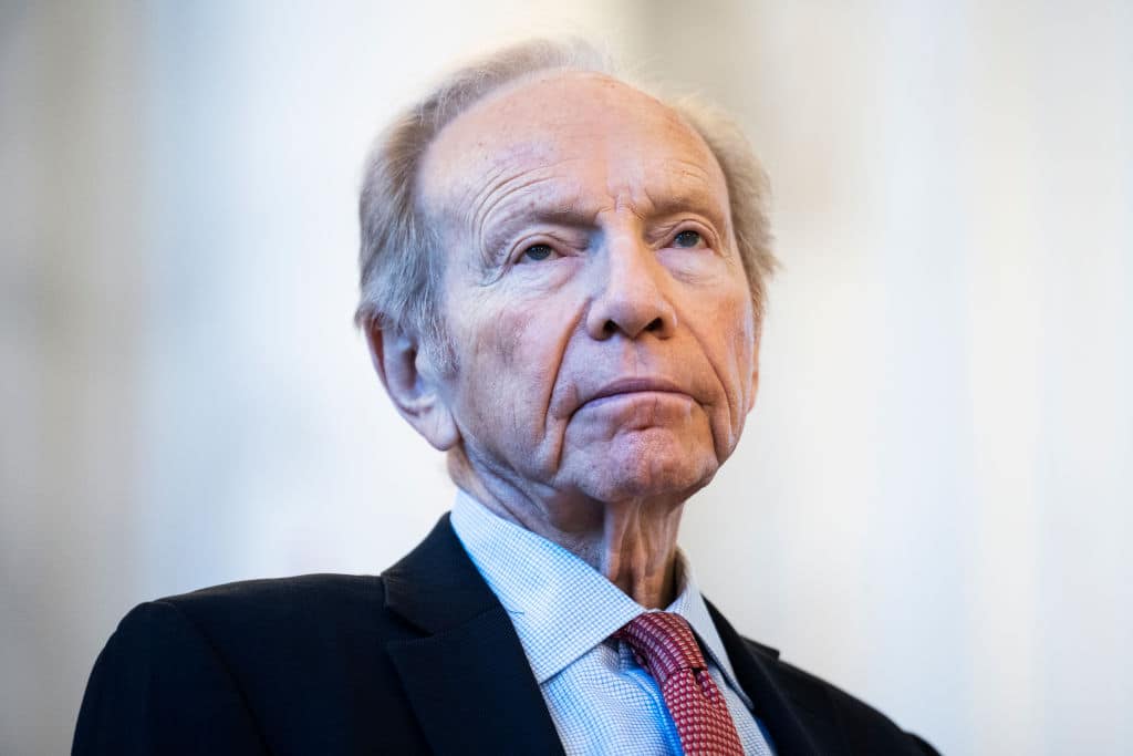 UNITED STATES - MARCH 16: Former Sen. Joe Lieberman, I-Conn., attends a senate briefing hosted by the Organization of Iranian American Communities (OIAC), to discuss U.S. policy on Iran including concrete steps needed to empower the Iranian people as they strive to topple the ruling tyranny, in Russell Building on Thursday, March 16, 2023. Gen. James Jones and John Bolton, former national security advisors, also attended. (Tom Williams/CQ-Roll Call, Inc via Getty Images)