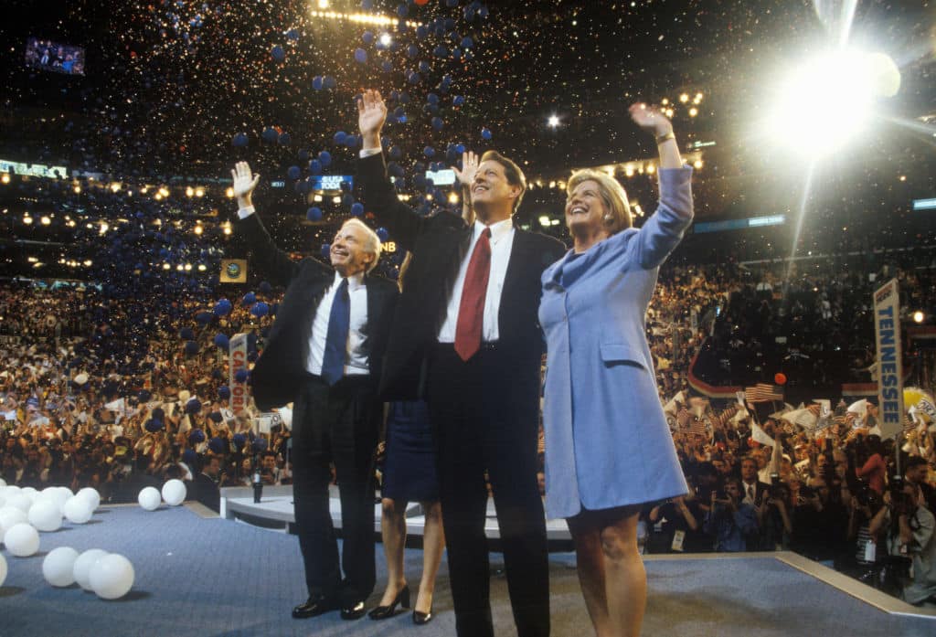Former Vice President Al Gore and Senator Joe Lieberman's acceptance speech at the 2000 Democratic Convention at the Staples Center, Los Angeles, CA (Photo by: Joe Sohm/Visions of America/Universal Images Group via Getty Images)