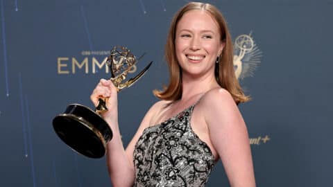 LOS ANGELES, CALIFORNIA - SEPTEMBER 14: Hannah Einbinder, winner of Outstanding Supporting Actress in a Comedy Series for "Hacks," poses in the press room during the 77th Primetime Emmy Awards at Peacock Theater on September 14, 2025 in Los Angeles, California. (Photo by Kevin Mazur/Getty Images)