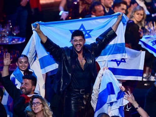 Noam Bettan representing Israel and guests celebrate during the Grand Final of the 70th Eurovision Song Contest at Wiener Stadthalle on May 17, 2026 in Vienna, Austria.