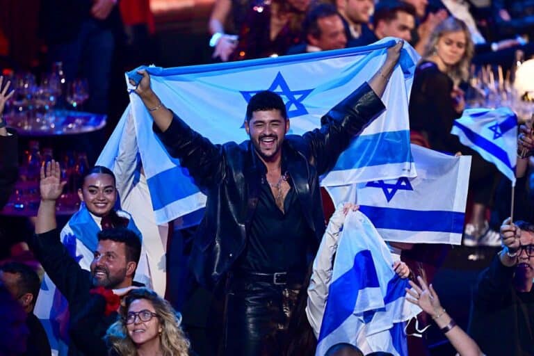 Noam Bettan representing Israel and guests celebrate during the Grand Final of the 70th Eurovision Song Contest at Wiener Stadthalle on May 17, 2026 in Vienna, Austria.