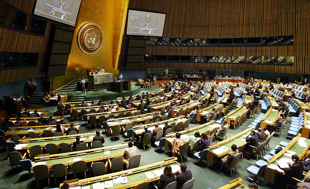 NEW YORK - SEPTEMBER 22: Members of the United Nations General Assembly hold a meeting on HIV/AIDS at UN headquarters September 22, 2003 in New York City. According to a report by UNAIDS, goals set at the Millennium Summit were not met by most countries. Among the goals were to have 3 million HIV-positive people treated with AIDS drugs by 2005 and stopping and reversing the disease by 2015. U.S. President George W. Bush is scheduled to address the General Assembly tomorrow. (Photo by Mario Tama/Getty Images)