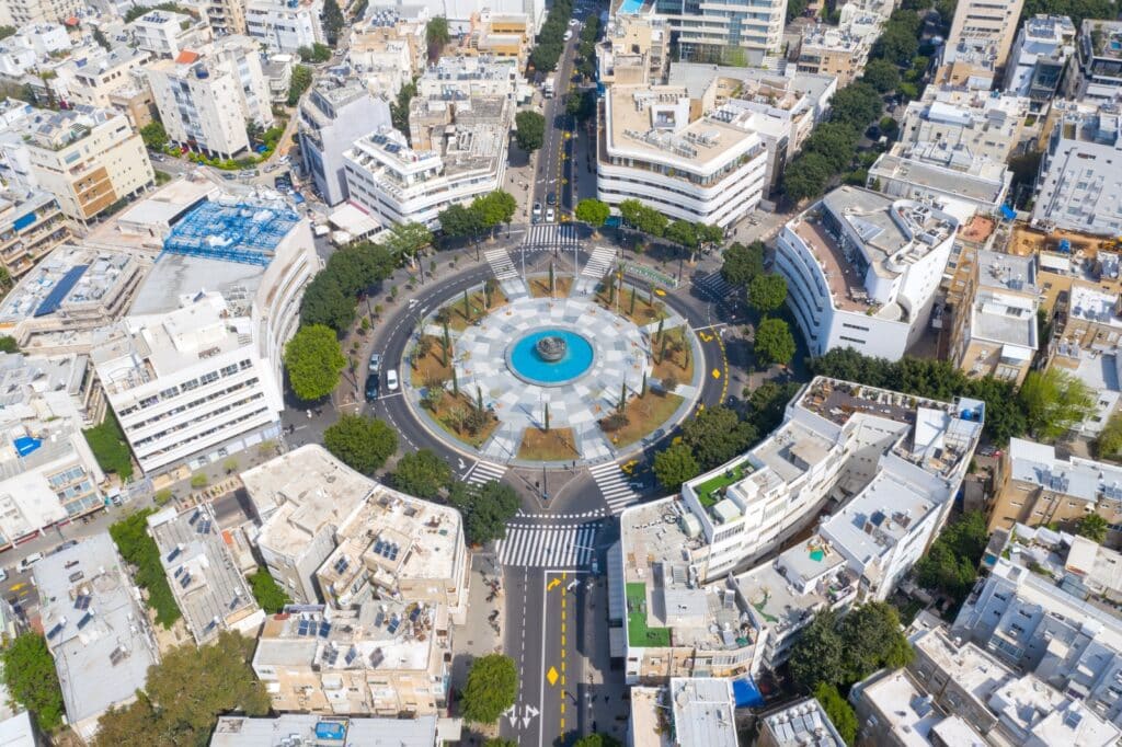 An overview of White City Tel Aviv, characterized by Bauhaus architecture. Photo by StockStudio Aerials via Shutterstock.com