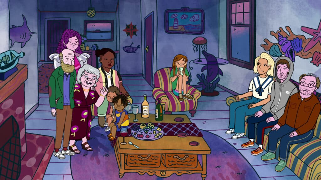 "Long Story Short" (L to R) Paul Reiser as Elliot Cooper, Abbi Jacobson as Shira Schwooper, Lisa Edelstein as Naomi Schwartz, Nicole Byer as Kendra, Avia Fields as Walter Hooper-Schwooper and Benjamin Hooper-Schwooper, Michaela Dietz as Hannah Schwooper, Angelique Cabral as Jen, Max Greenfield as Yoshi Schwooper and Ben Feldman as Avi Schwooper (Netflix)
