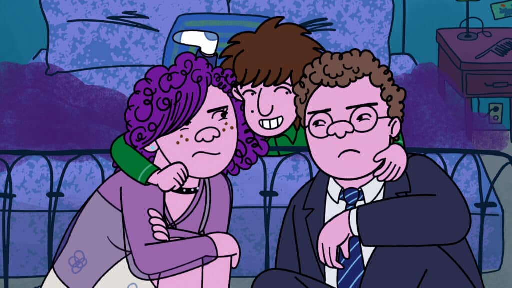 "Long Story Short" (L to R) Abbi Jacobson as Shira Schwooper, Ben Feldman as Avi Schwooper and Max Greenfield as Yoshi Schwooper (Netflix)