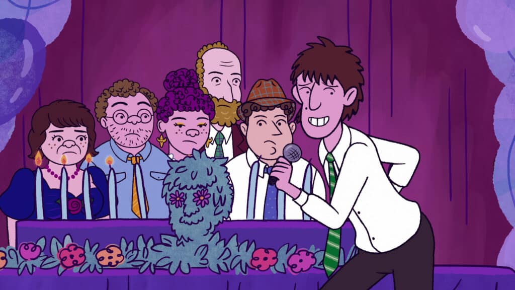 "Long Story Short" (L to R) Lisa Edelstein as Naomi Schwartz, Ben Feldman as Avi Schwooper, Abbi Jacobson as Shira Schwooper, Paul Reiser as Elliot Cooper, Dave Franco as Danny and Max Greenfield as Yoshi Schwooper (Netflix)