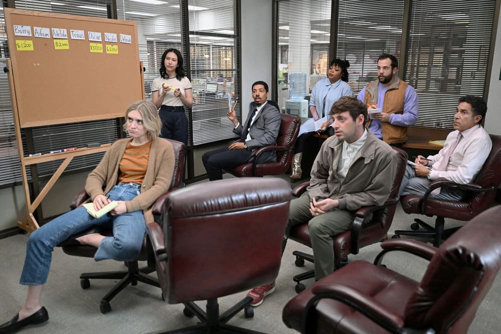 The Paper -- Episode 105 -- Pictured: (l-r) Chelsea Frei as Mare, Ramona Young as Nicole, Melvin Gregg as Detrick, Gbemisola Ikumelo as Adelola, Alex Edelman as Adam, Eric Rahill as Travis, Oscar Nunez as Oscar -- (Photo by: John P. Fleenor/PEACOCK)