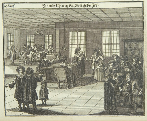 Illustration of a pidyon haben from Juedisches Ceremoniel, a German book published in Nürnberg in 1724 by Peter Conrad Monath (Center for Jewish History)