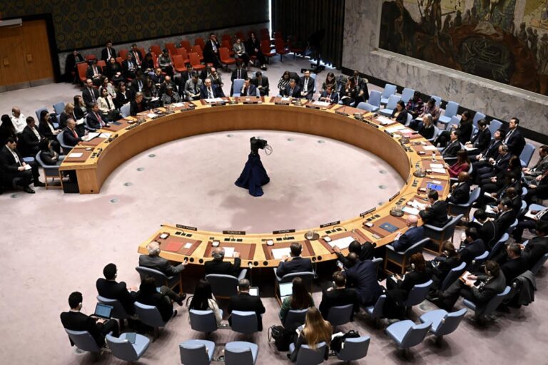 Ambassadors attend the United Nations Security Council meeting where U.S. vetoed a U.N. Security Council resolution demanding an immediate humanitarian ceasefire in Gaza at UN Headquarters in New York City, on February 20, 2024. (Photo by Fatih Aktas/Anadolu via Getty Images)