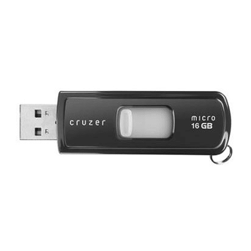 A black 16 GB USB flash drive with a retractable connector is extended. The text cruzer micro 16 GB is printed on the surface. A small loop is visible at the end for attaching to a keychain.