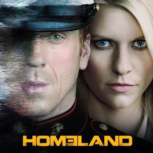 A split-image poster for Homeland shows half a mans face in military attire and half a womans face with piercing eyes. The word HOMELAND appears at the bottom in bold, yellow letters.