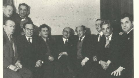 B. Z. Goldberg with members of the Jewish Anti-Fascist Committee, Moscow, 1946. Standing on the left: Leyb Kvitko and David Bergelson. Sitting, left to right: Itsik Fefer, Joseph Yuzefovich, Peretz Markish, Goldberg, Solomon Mikhoels, Leyb Strongin, Aron Kushnirov, Shmuel Halkin. (Central Archive of the Federal Security Service, Moscow.)