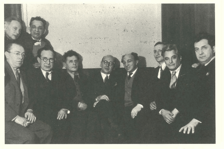 B. Z. Goldberg with members of the Jewish Anti-Fascist Committee, Moscow, 1946. Standing on the left: Leyb Kvitko and David Bergelson. Sitting, left to right: Itsik Fefer, Joseph Yuzefovich, Peretz Markish, Goldberg, Solomon Mikhoels, Leyb Strongin, Aron Kushnirov, Shmuel Halkin. (Central Archive of the Federal Security Service, Moscow.)