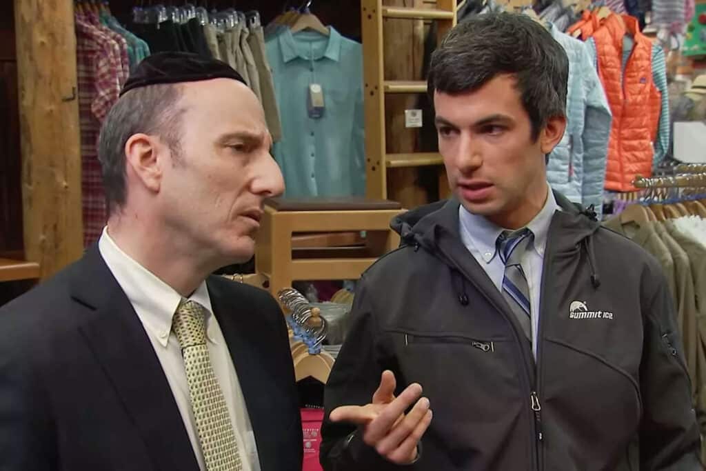Rabbi Shalom Denbo and Nathan Fielder on season 3, episode 2 of "Nathan for You" in 2015 (Comedy Central)