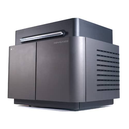 A sleek, modern data server with a smooth, matte black finish. It has a ventilation panel on the side and a horizontal light bar on the front. The unit is labeled CONNEX500 on the upper corner.