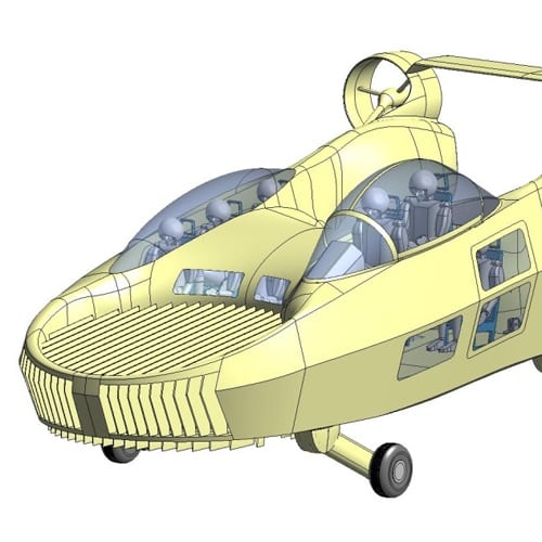 x-Illustration of a futuristic aircraft with a dual cockpit design. The vehicle has clear domes over the cockpits, visible seats with human-like figures inside, and a distinctive front grille. Its mounted on large wheels.